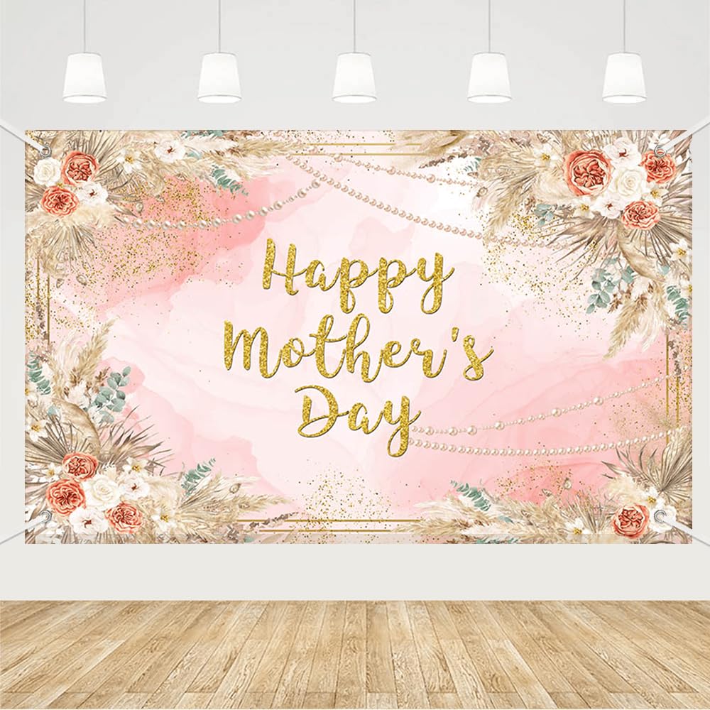 MEHOFOND Boho Mother's Day Backdrop I Love Mom Bohemia Pink Floral Happy Mothers Day Watercolor Photography Background Gold Glitter Banner Party Decorations Photo Booth 6x3.6ft