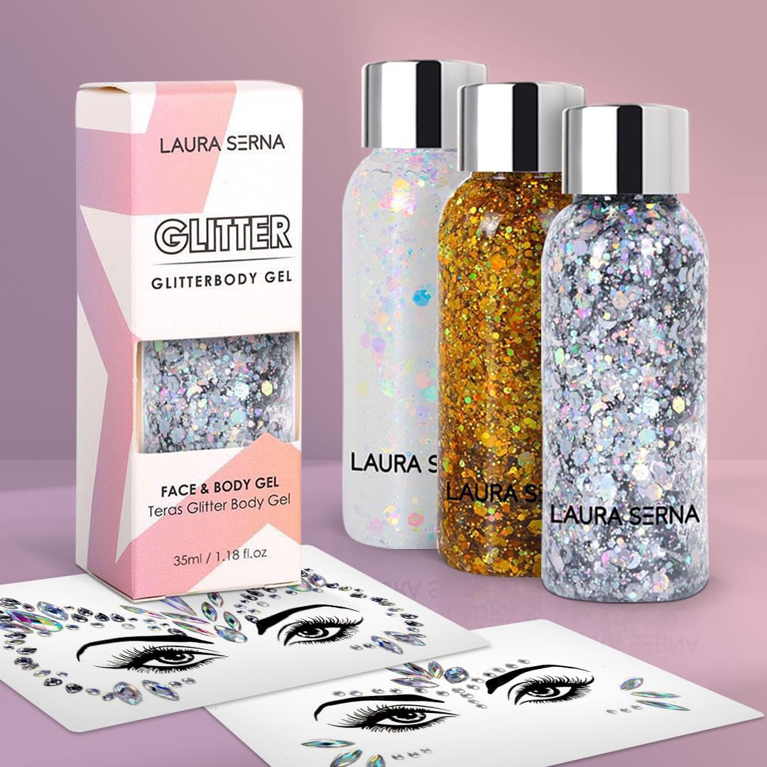 Gel Purpurina Cara y Cuerpo [3 botes] y Gemas Faciales [2 sets] Brillantina corporal | Glitter maquillaje ideal para eventos | Crea combinaciones únicas | Gel corporal para festivales