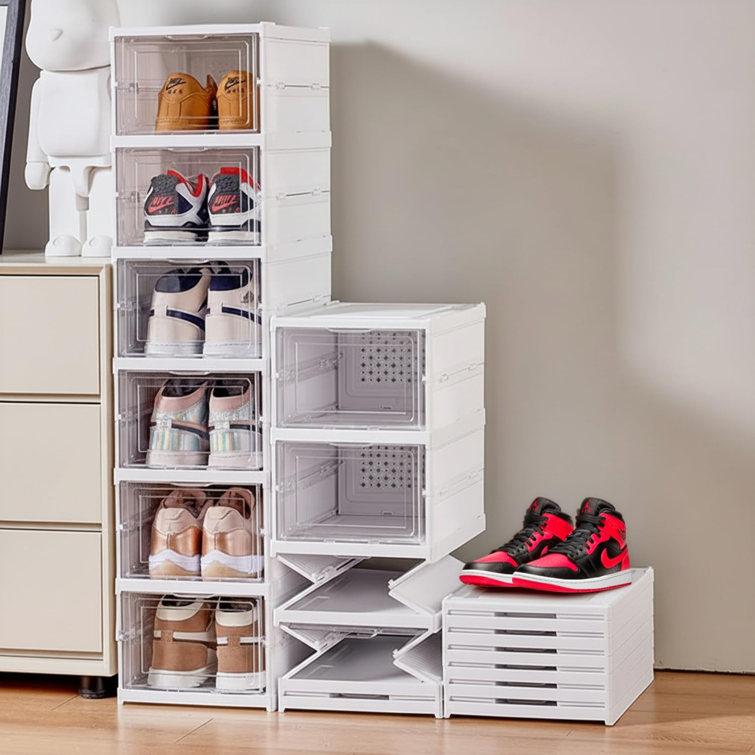 PrettyKrafts Plastic 6 Layer See Through Foldable Closed Shoes Racks for Home | Shoe Boxes Storage/Sneaker Shoe Box Stand | Organizer for Wardrobe | Collapsible Shoe Rack Storage | White-image-8