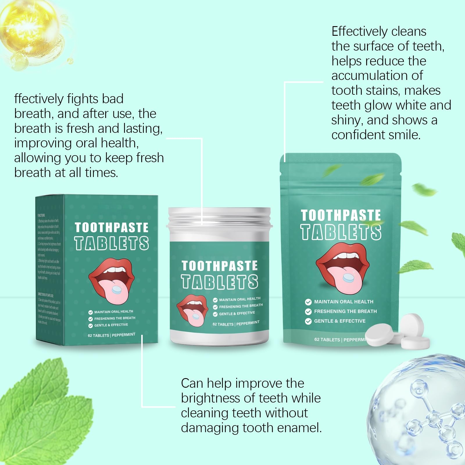 Compresse di dentifricio sbiancante: rimuovono macchie e ingiallimento, rinfrescano l'alito, facili da masticare for l'igiene orale quotidiana(3pcs)