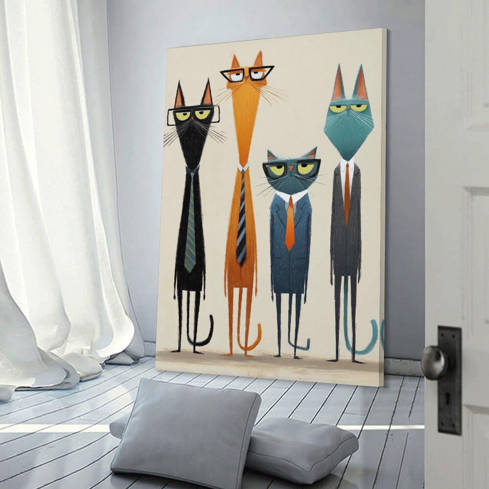 Junmoney Cats in Suits Illustration Canvas Wall Decor 08x12inch(20x30cm), for Lounge, Study, Hallway Or Flat Walls, Canvas Wall Art That Fits Changing Layouts