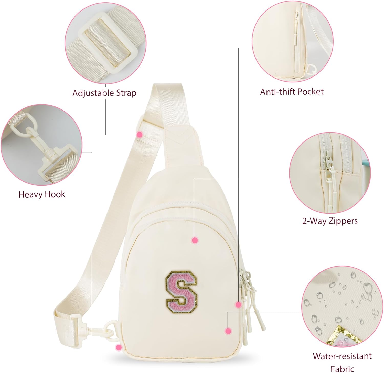 Personalized Initial Crossbody Bag for Tween Girls with Extender Strap 32"-52", Birthday Gift for 6 to 14 Year Old Girls, Sling Bag for Kids and Tweens, Cream with Initials S - Image 4