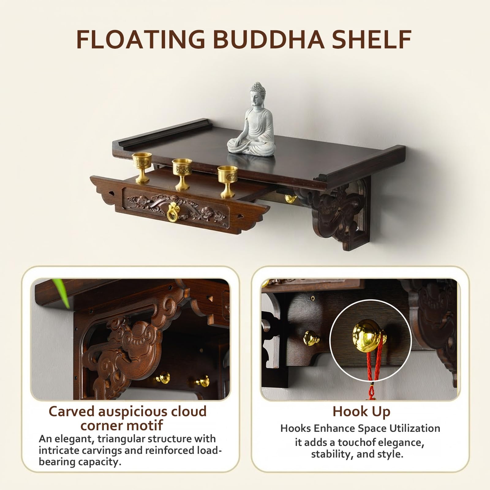 Wall Mounted Bamboo Buddha Altar Table With Drawer, Pooja Mandir Shrine Shelf For Buddha Statue, Meditation, Prayer, Incense Offerings, Home Temple Decor