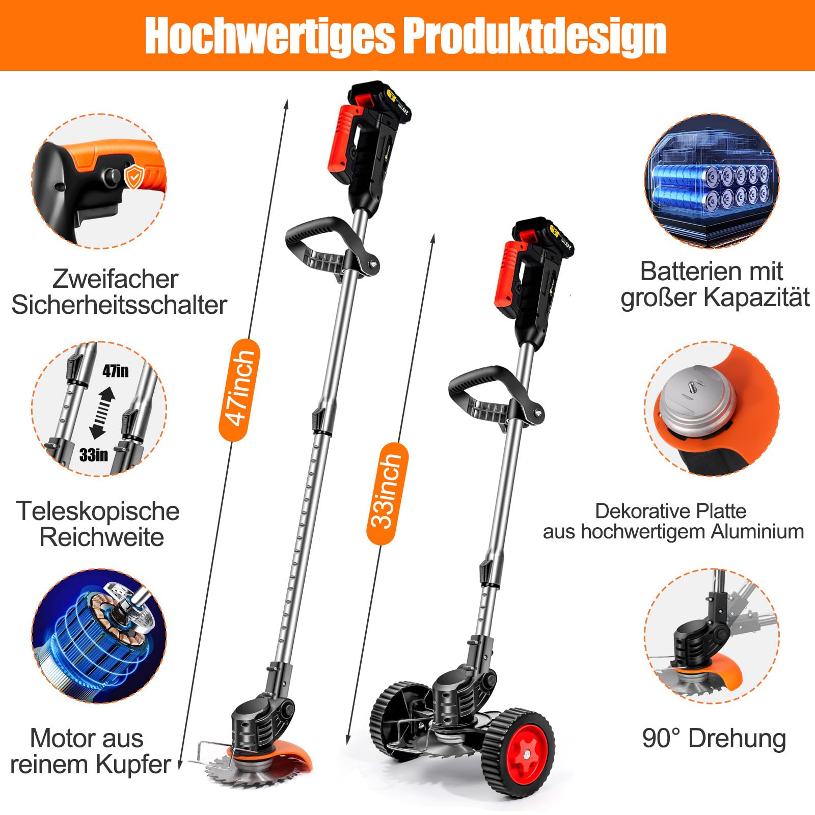 21 V draadloze grastrimmer, 4-in-1 accu-bosmaaier, met 2 accu's 4,0 Ah, onkruidborstel