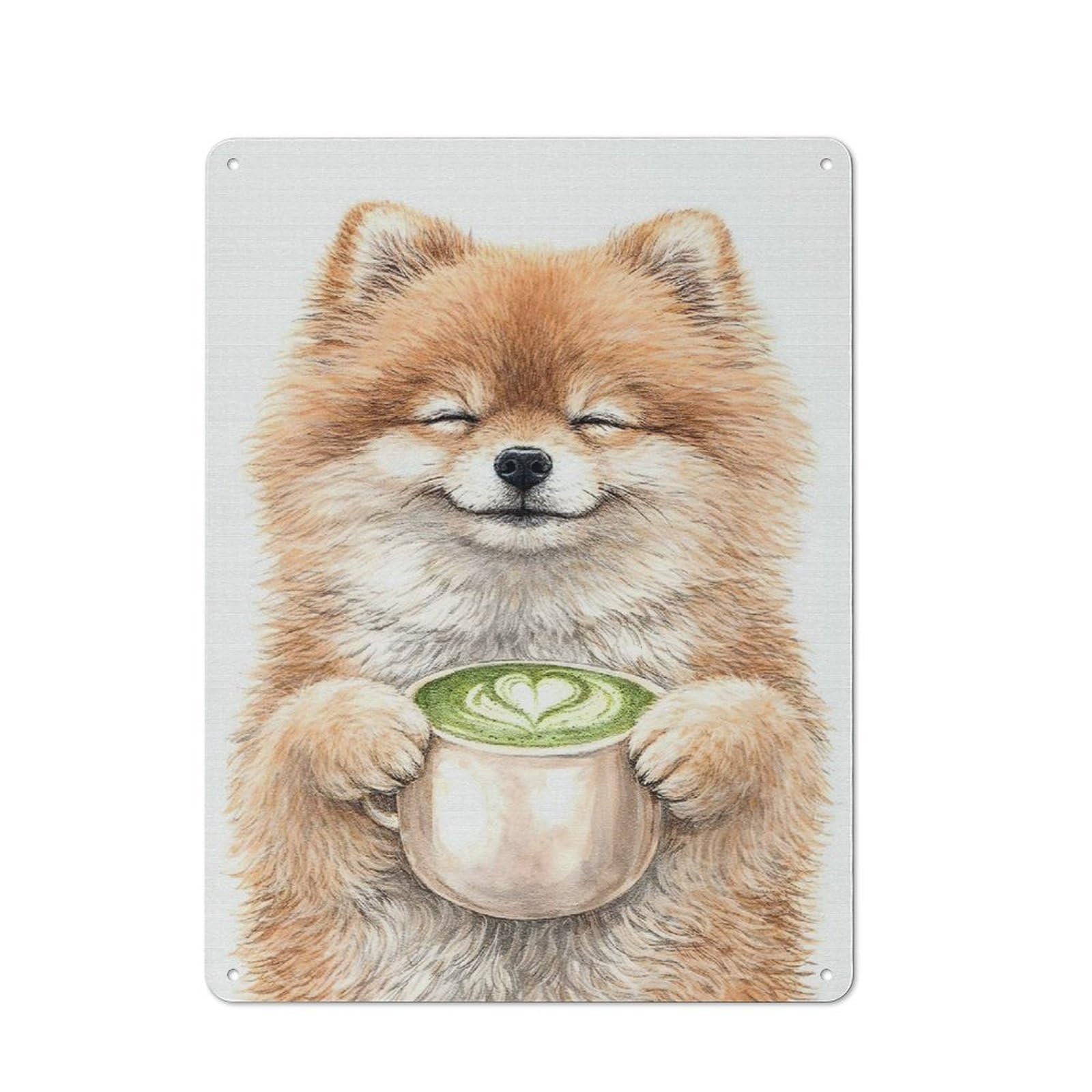 Classic Cute Pomeranian with Matcha Latte Metal Wall Sign 40x30cm, Pub Wall Decor for Diner, Restaurant, Shed Or Kitchen