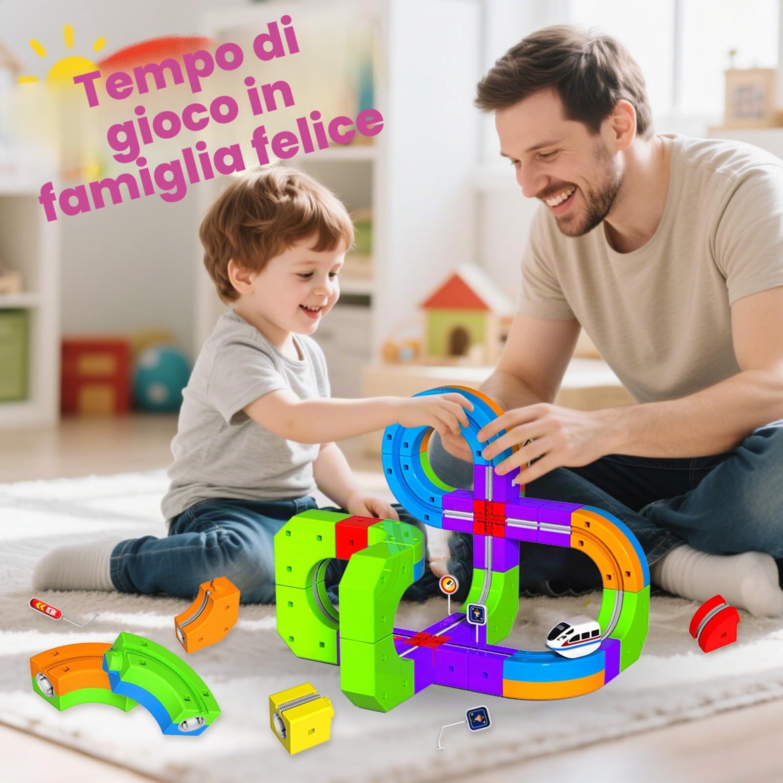 Goody King Trenino Elettrico per Bambini 69 Pezzi - Kit 3D DIY con Binari Magnetici a Cubi, Include Treno e Segnali Stradali, Giocattolo Educativo Creativo STEM Regalo per Bambini 4-12 Anni