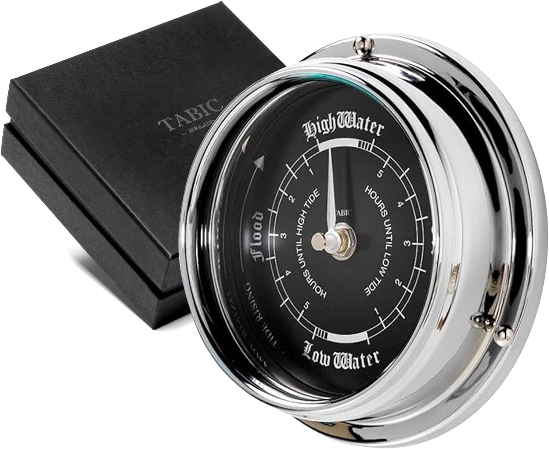 Chrome-Plated Brass Tide Clock โ Mariner MkII Case, Black Dial, Precision Lunar Tide Tracking, Handcrafted in England, Marine Wall Instrument