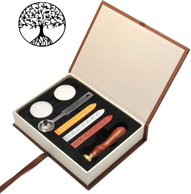 Mogoko Wax Seal Kit, Vintage Tree of Life Wax Seal Stamp Set with Sealing Wax Sticks and Melting Spoon White Candles