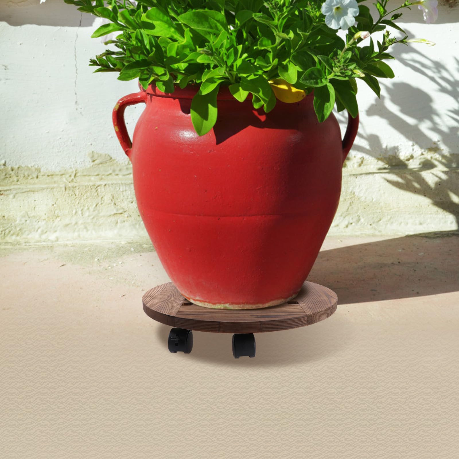 Bandeja Redonda de Madera Maciza para Macetas Grandes 40 Cm Ruedas Giratorias Base Móvil para Plantas Interior y Exterior Soporte Jardinera Macetero