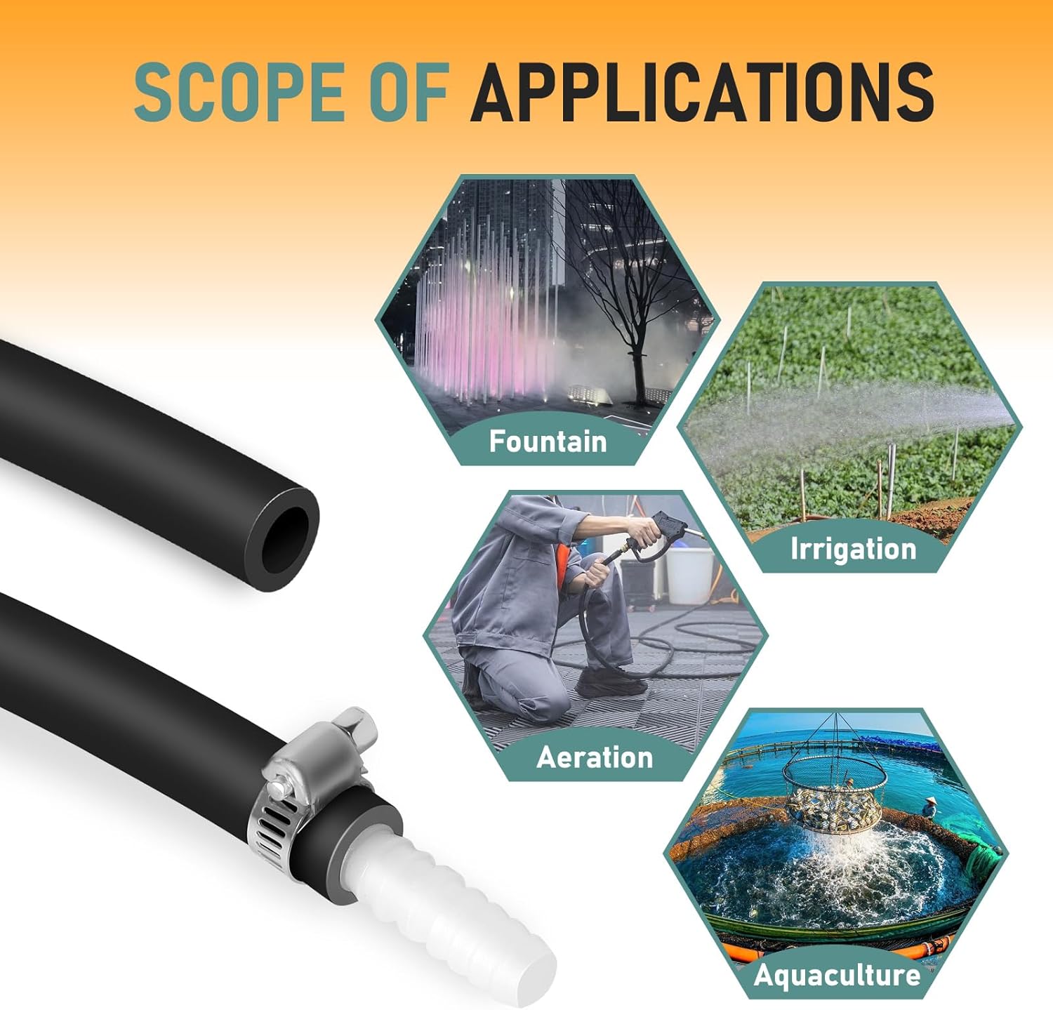 Self Sinking Aeration Hose, 3/8 inch 328 Feet Pond Aerator Hose Kit with 4 Stainless Steel Hose Clamps and 4 Menders, Heavy Duty Contractor Grade Tubing for Pond, Water Garden and Lake Aeration