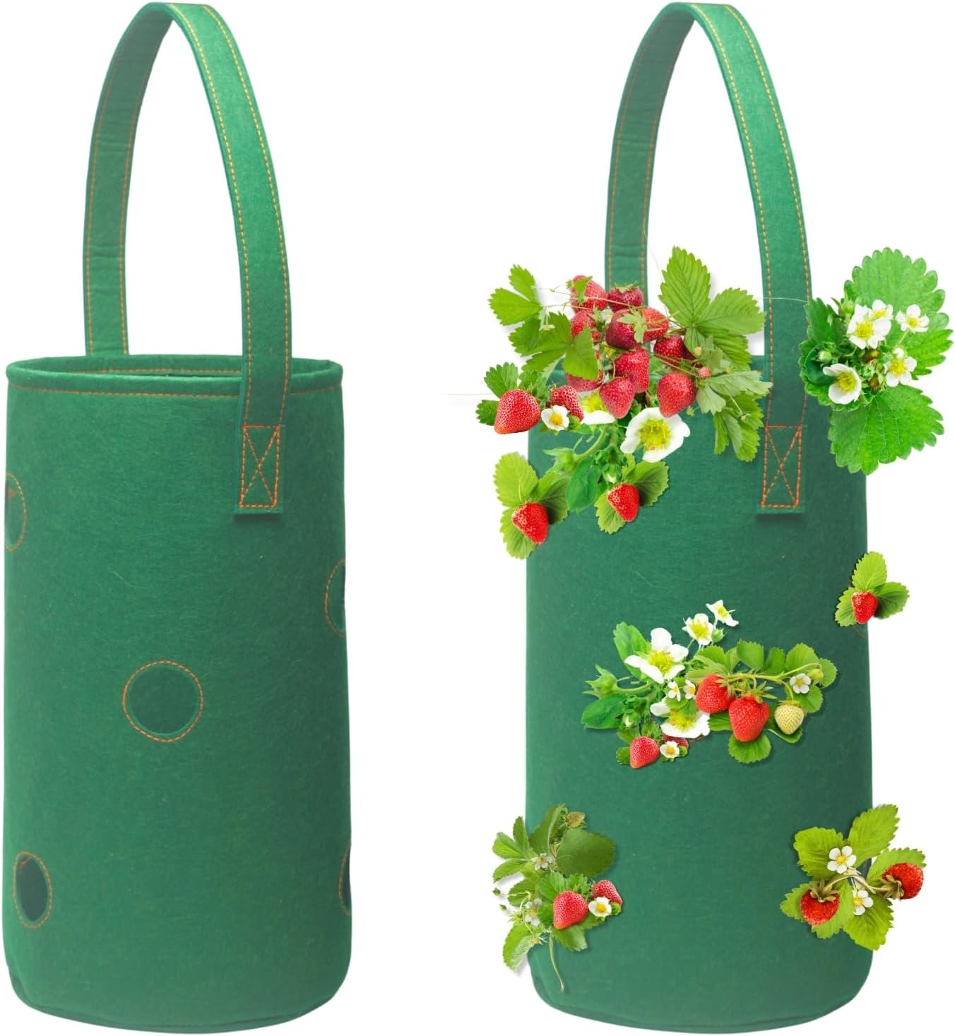 2 Pcs Hanging Grow Bags Strawberry Tomato Hanging Planter with Handles and 8 Side Planting Holes Durable Breathable Felt Plant Container for Garden Decor Growing Vegetables Flowers (Green)