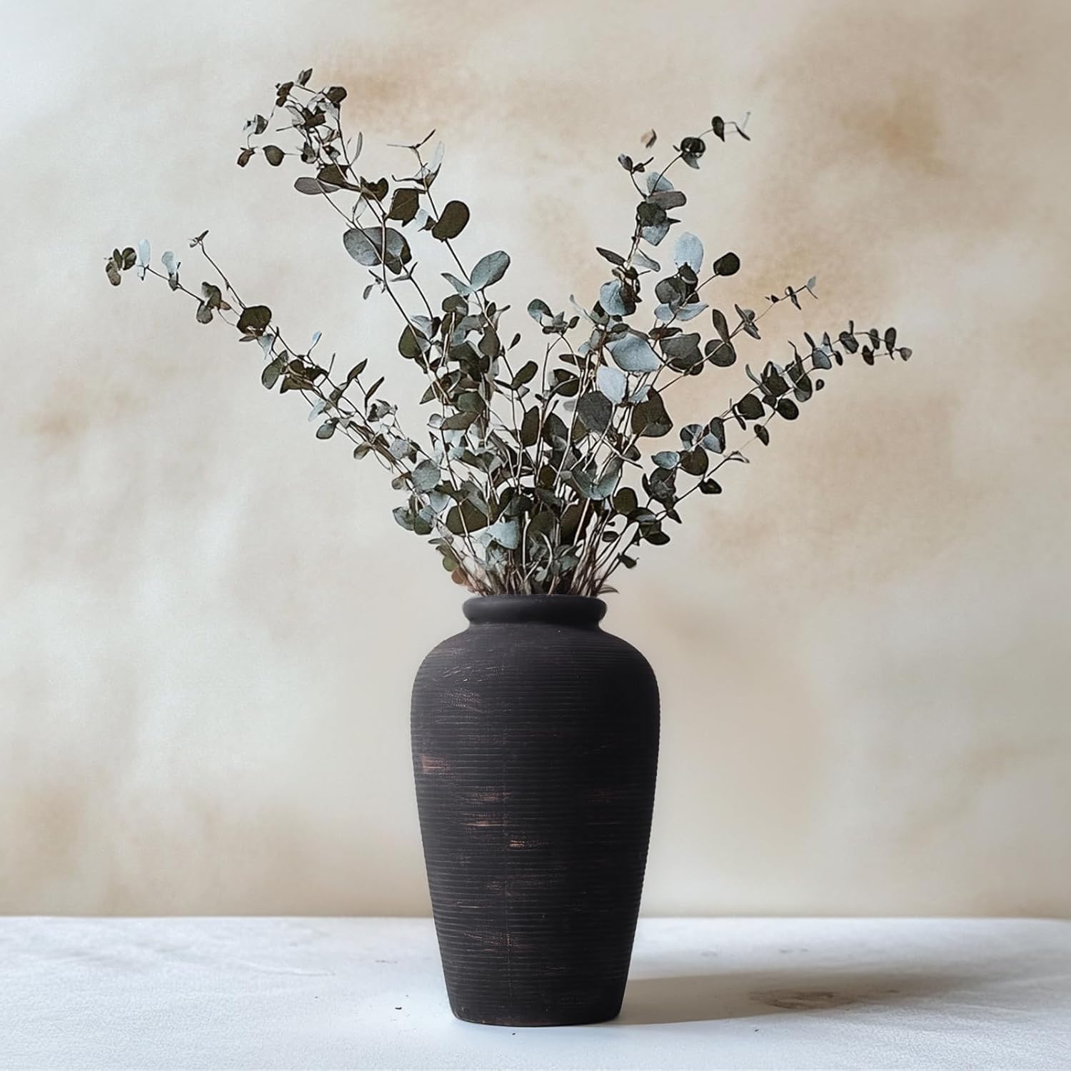 Large Ceramic Rustic Vase, 11" Black Terracotta Farmhouse Flower Vase, Modern Boho Pottery Decor for Living Room, Bathroom, Office, Shelf, Mantel