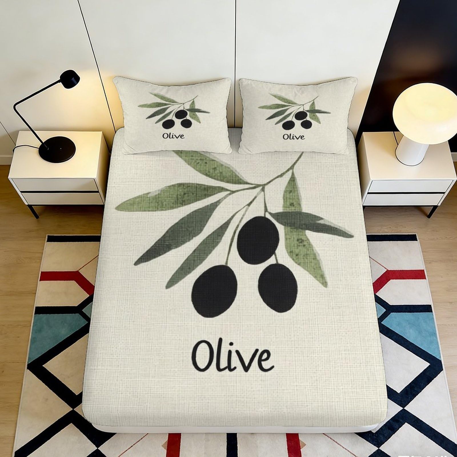 3D Printed Olive Branch Fitted Sheet Microfiber Soft Durable Printed Bed Cover for Bedroom Dormitory Guest Room Mattress Protection Decor 180x200x25cm