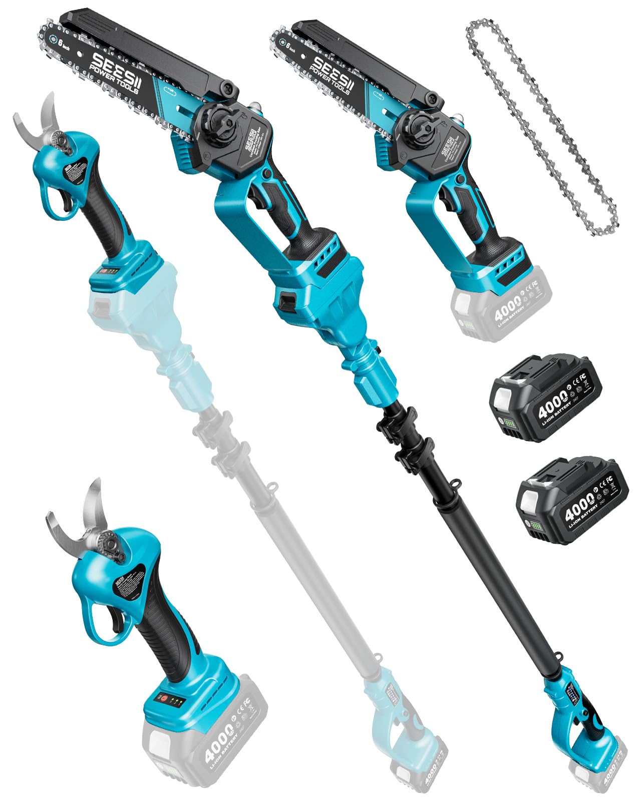 SEESII P6 Combo 6 Pulgadas Mini Motosierra Telescopica & 33 mm Tijeras de Podar Eléctricas, 4 en 1 Kit de Herramientas de Jardín con 2 * 4000 mAh Baterías, Alcance Máximo Hasta 4,57 m