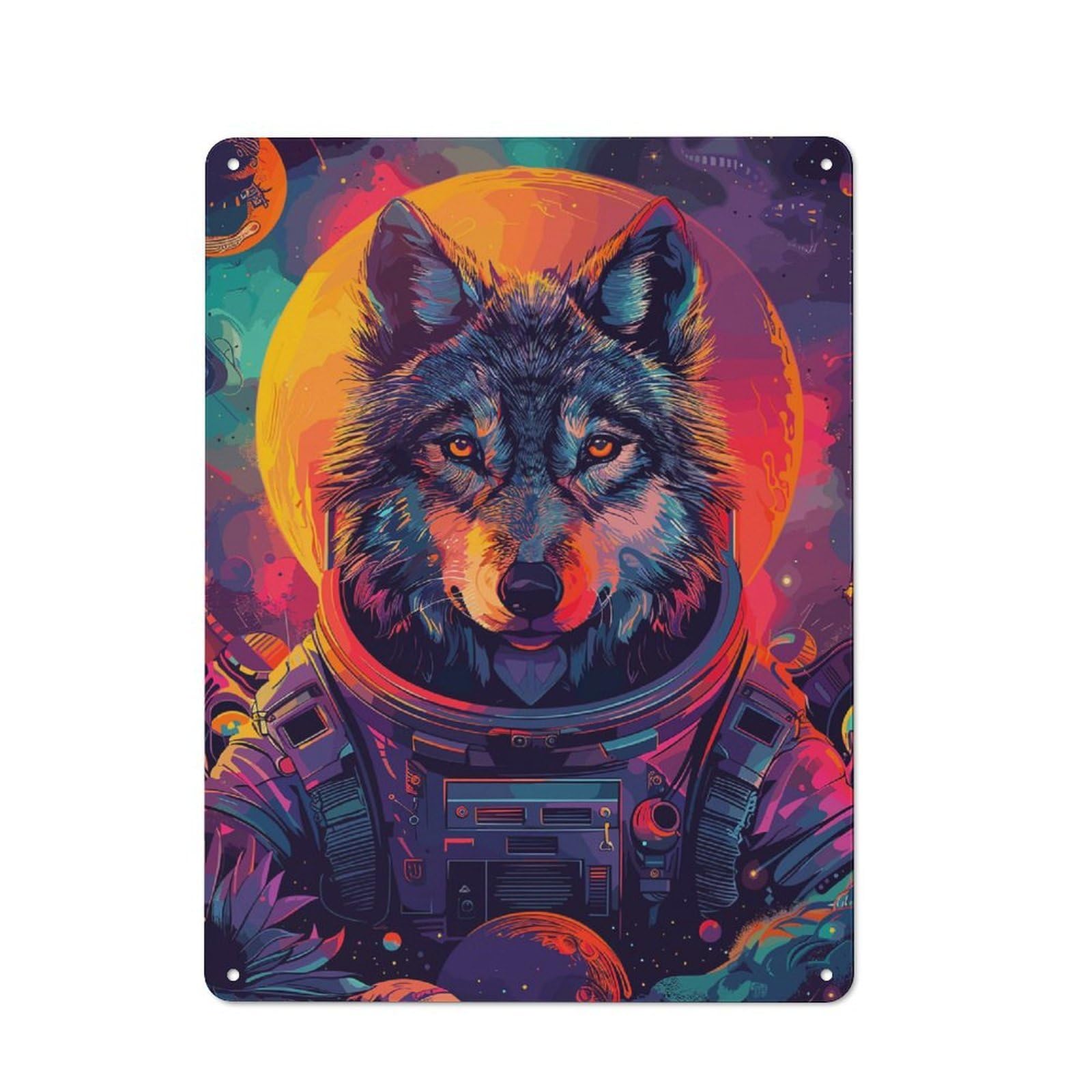 Junmoney Wolf Astronaut Space Rustic Tin Wall Plaque 40X30cm For Garage Or Workshop, For Home Interiors, Feature Walls And Decorative Displays