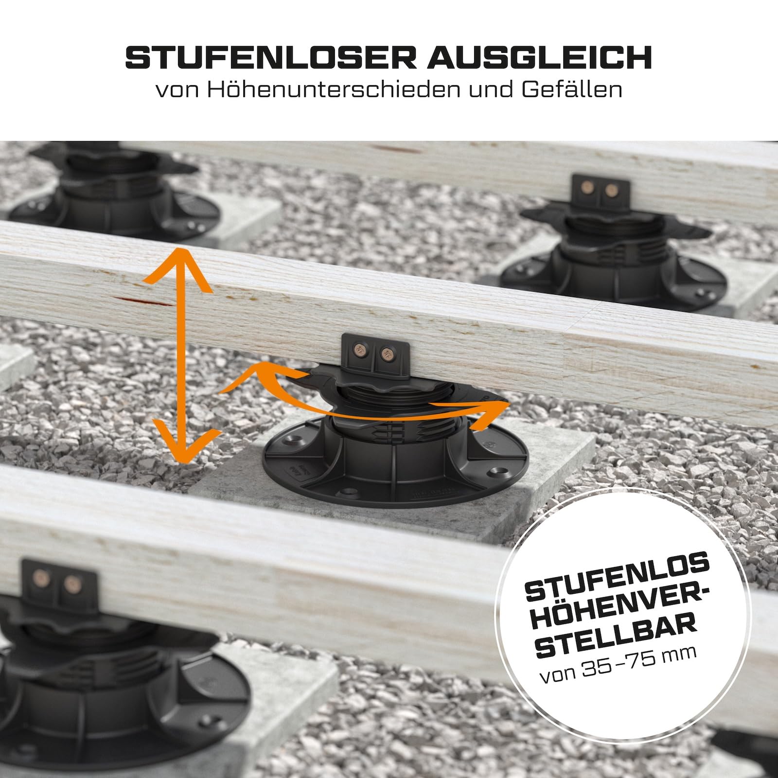 10x LANGFIT® Stelzlager "L" für Terrassendielen – Bis 50% schneller montiert – Mit Maßskala – Stufenlos höhenverstellbar von 35-75mm – Für Unterkonstruktionen aus Holz, WPC, Alu – Made in Germany