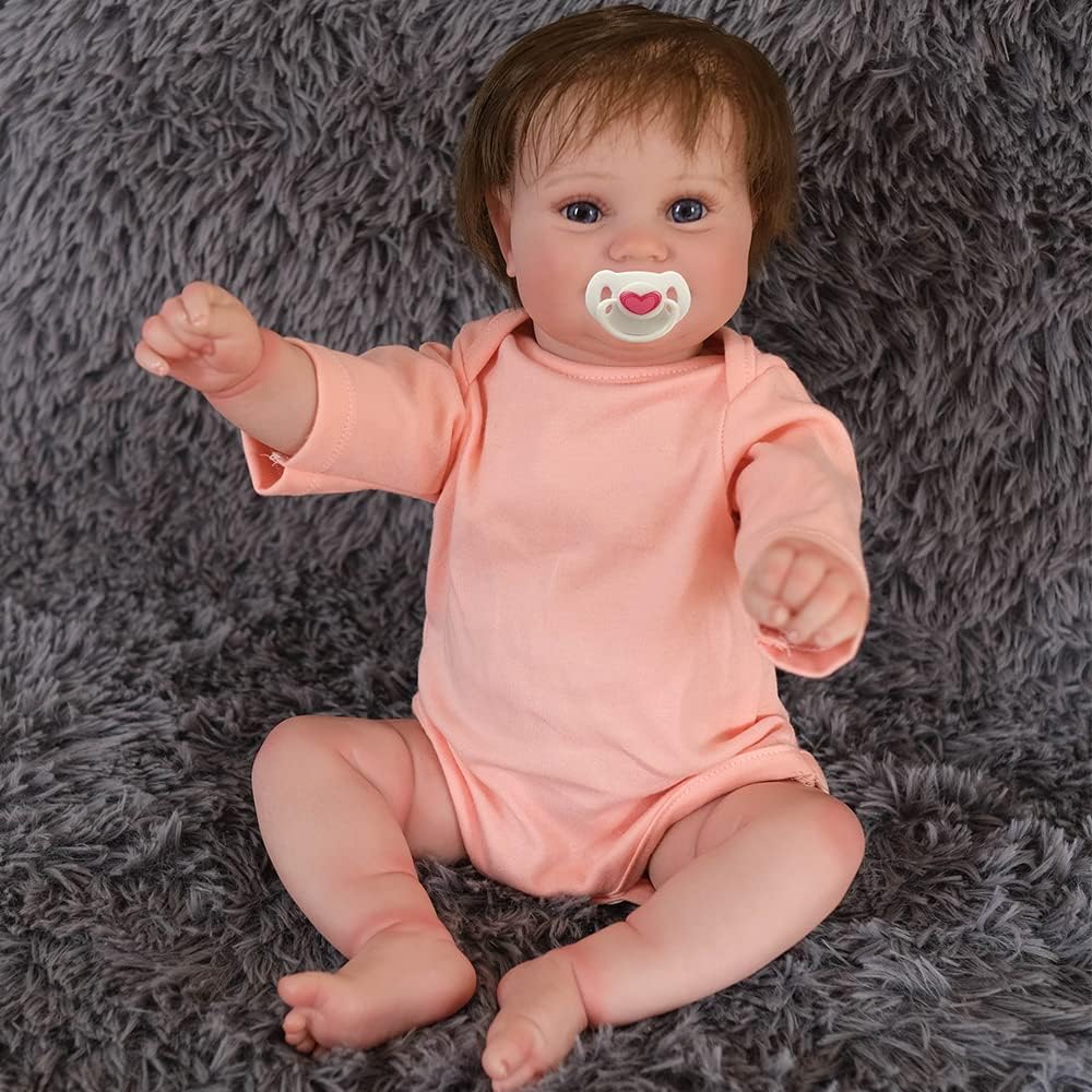 Pinky Reborn Handmade Reborn Toddler Dolls 20inch Girl Newborn Silicone with Brown Hair That Look Real Baby Dolls Flexible Soft Weighted Body Reborn Baby Doll with Pacifier Best Gift for Age3+
