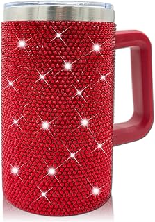 20oz Bling Tumbler With Handle Stainless Steel Rhinestone Insulated Cup with Lid and Straw Double Wall Vacuum Coffee Cup Reusable Glitter Travel Coffee Mug for Cold and Hot (Red)