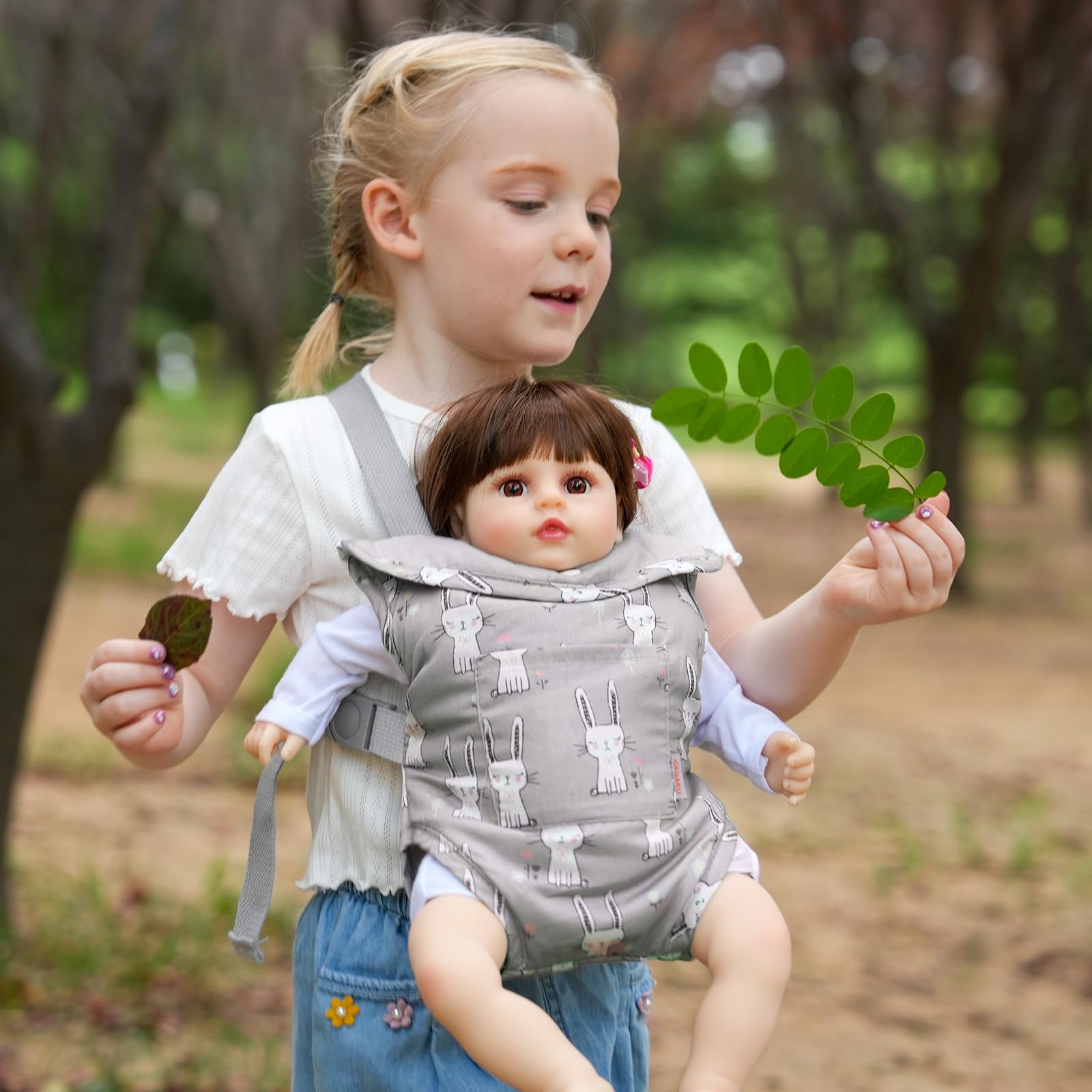 GAGAKU Baby Doll Carrier, Reborn Baby Doll Accessories, Toys Doll Baby Carrier for Little Girls, Grey Rabbit - Image 3