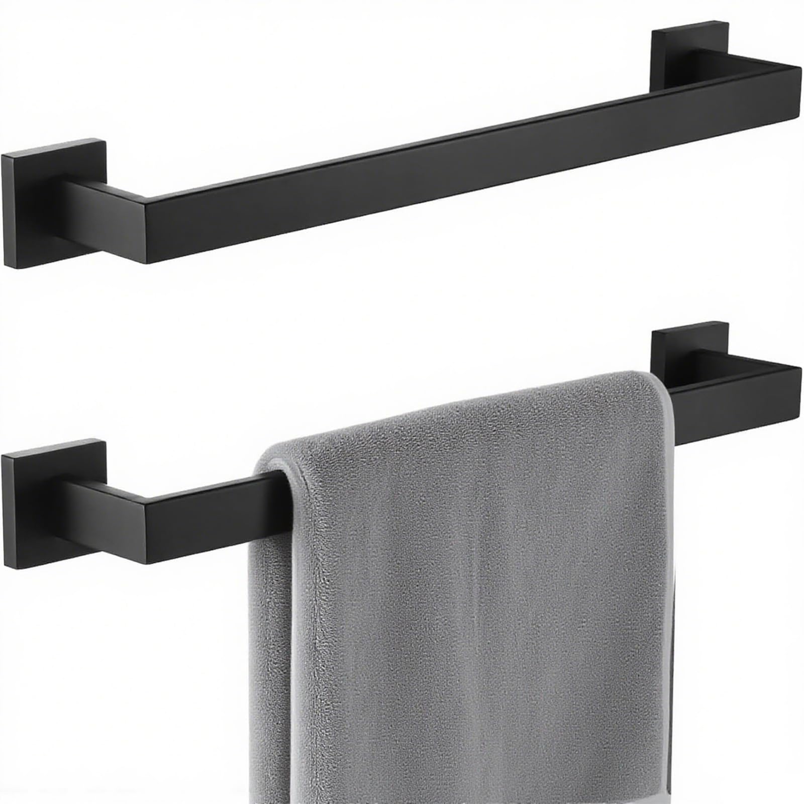 2-Piece 24 Inch Towel Bar, Square Bathroom Hardware Set,Bathroom Towel Bar Black,Bathroom Kitchen Towel Holder, Matte Black Wall Mounted SUS 304 Stainless Steel Towel Rack 2 Pack