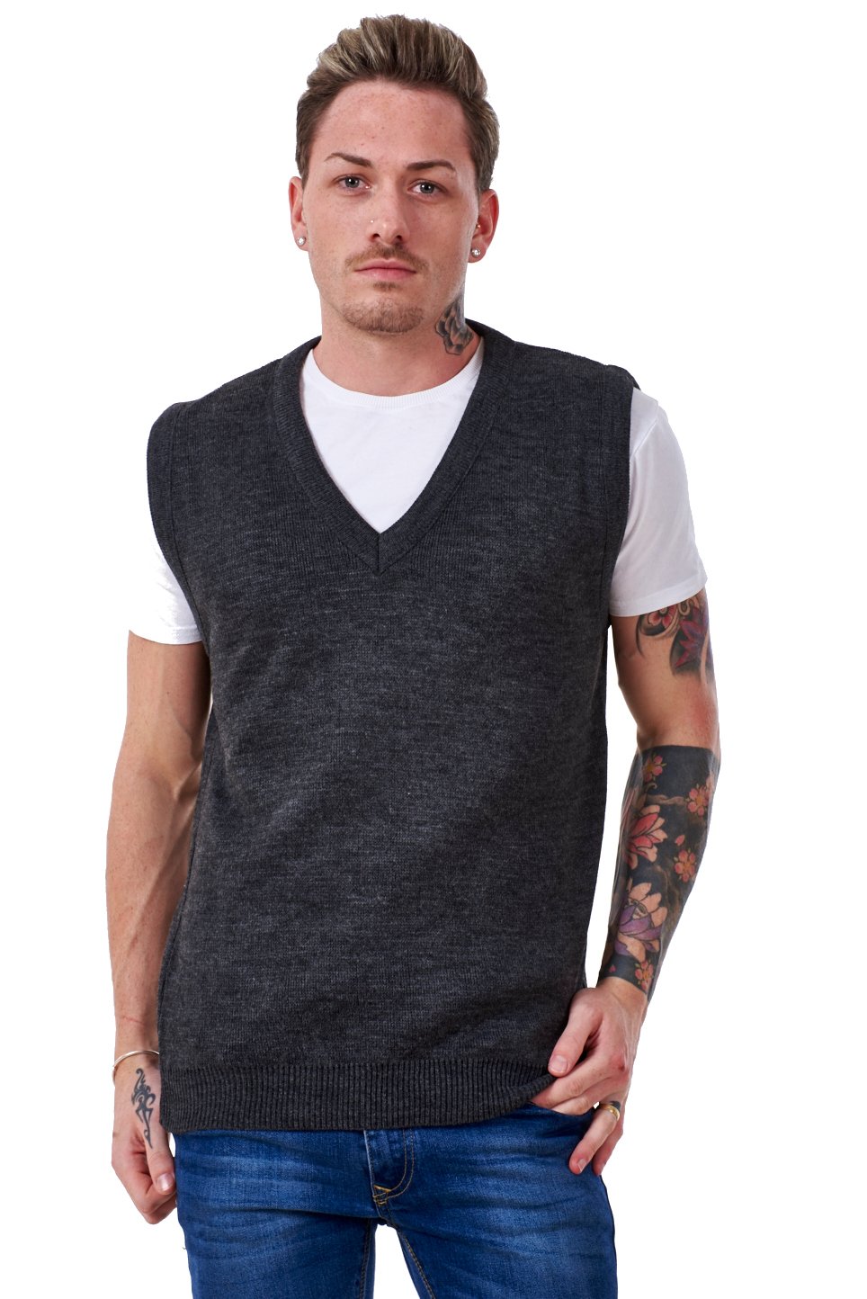 Malay (Charcoal 5XL) Mens Plain Knitted V Neck Classic Sleeveless Cardigans Tops Jumpers Size S-5Xl
