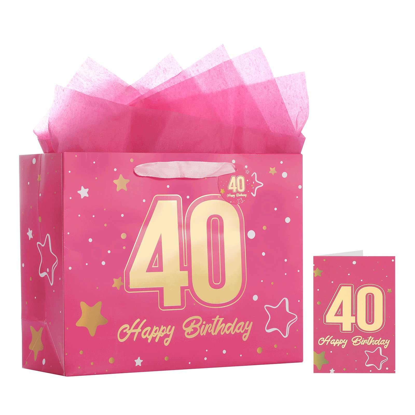 Powbrace 13" Birthday Gift Bag with Tissue Paper &amp; Card(Pink 40th)