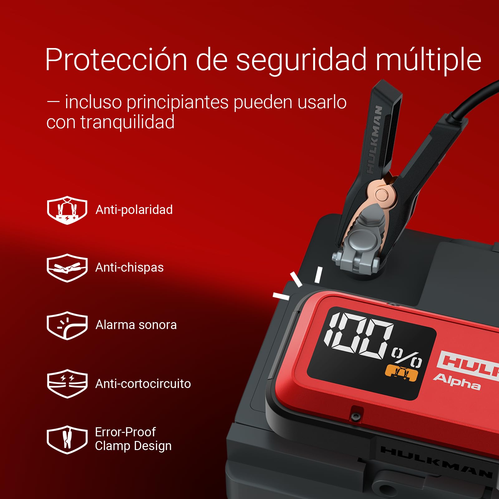 HULKMAN Alpha Ultra Red, Arrancador de Batería Portátil 1250A 44.4Wh,Caja de Arranque 12V para Coches Modernos con Cables, para Motores Gasolina 7.0L / Diésel 4.0L,Carga Rápida 65W, Clasificación IP65