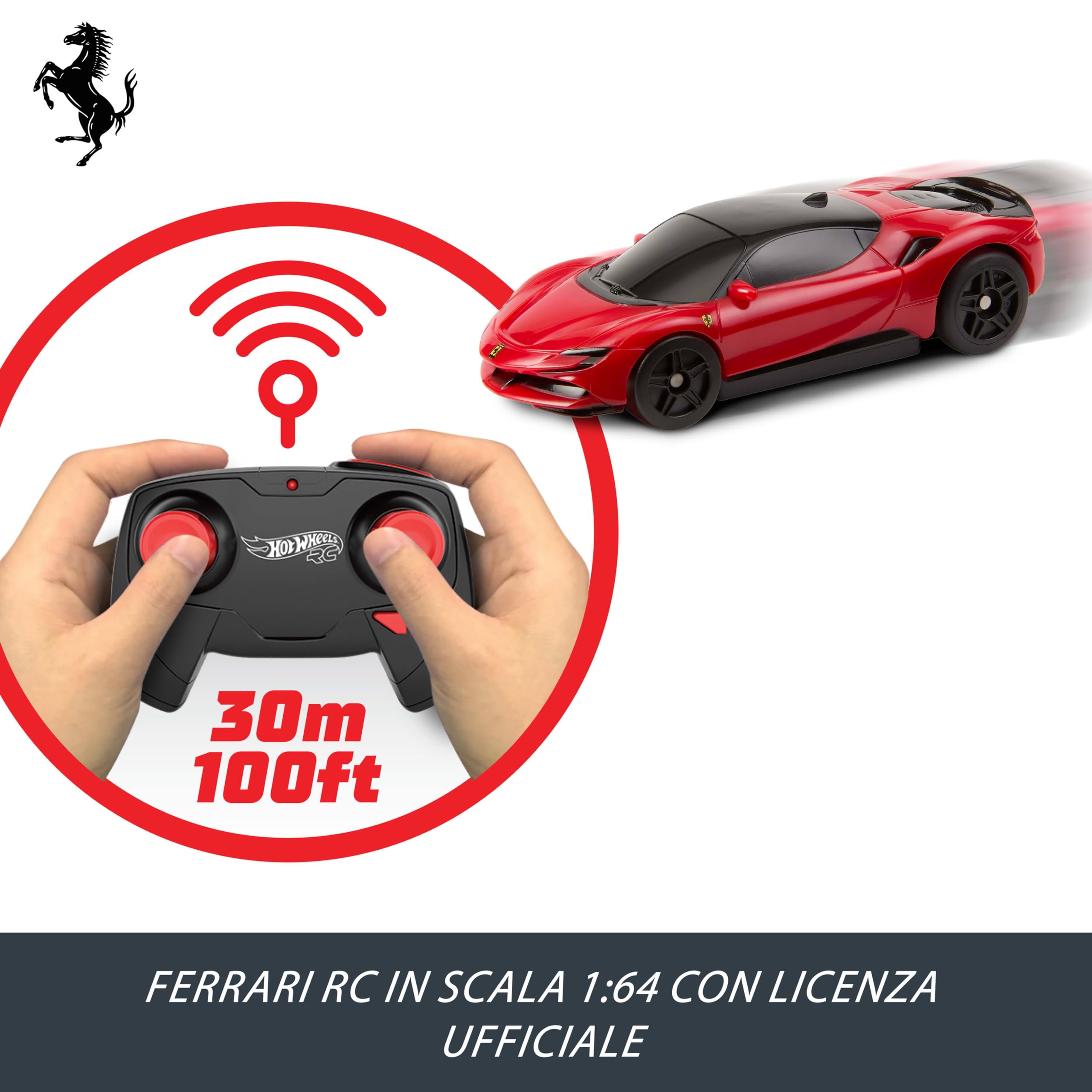 Hot Wheels RC Ferrari - SF90 Stradale Assetto Fiorano, macchina radiocomandata in scala 1:64, pulsante propulsore per aumentare la velocità incluso, giocattolo per bambini, 5+ anni, JGD09