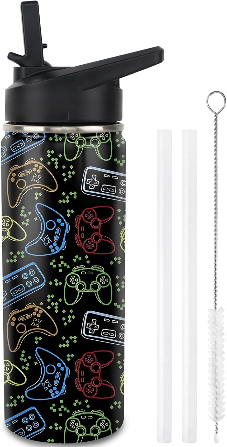 Gaming Water Bottles with Straw, 18 Ounces Insulated Stainless Steel Tumbler Cup Mug Gamer Gifts for Women Girls Game Lovers