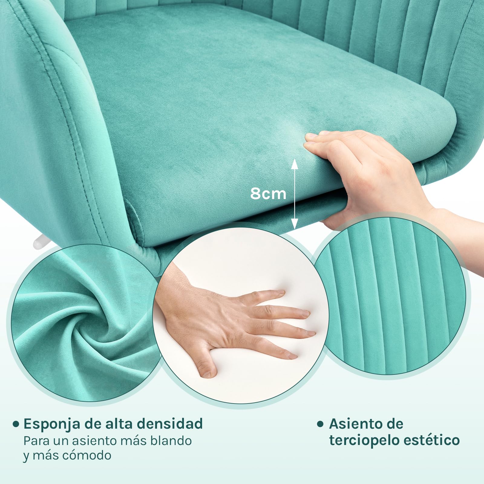 WOLTU Silla de Oficina en Casa, Silla Giratoria, Terciopelo, Turquesa | Giratoria con Ruedas, con Respaldo Ancho y Asiento Amplio, Altura Ajustable