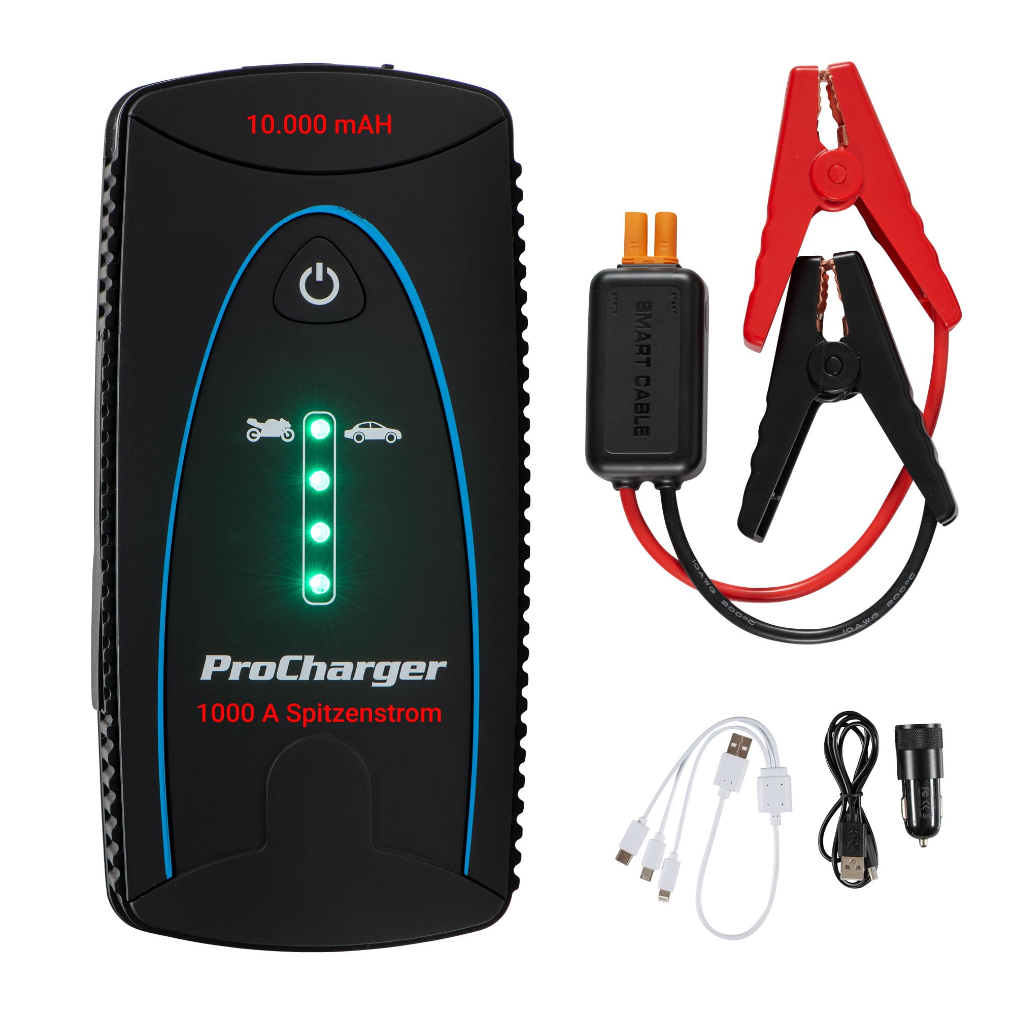 ProCharger Startbooster & Akkupack 10.000mA, 12V Lithium Starthilfe Powerbank für PKW, Tragbares Batterieladegerät Auto, Starthilfe Powerbank mit Überbrückungskabel Auto, Batterieladegerät Motorrad