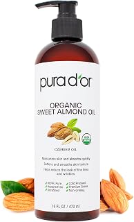 PURA D'OR Organic Sweet Almond Oil 16oz - 100% Pure USDA Cold Pressed Carrier Oil, Non-Greasy Unscented Moisturizer for Skin, Hair, Massage & DIY Beauty