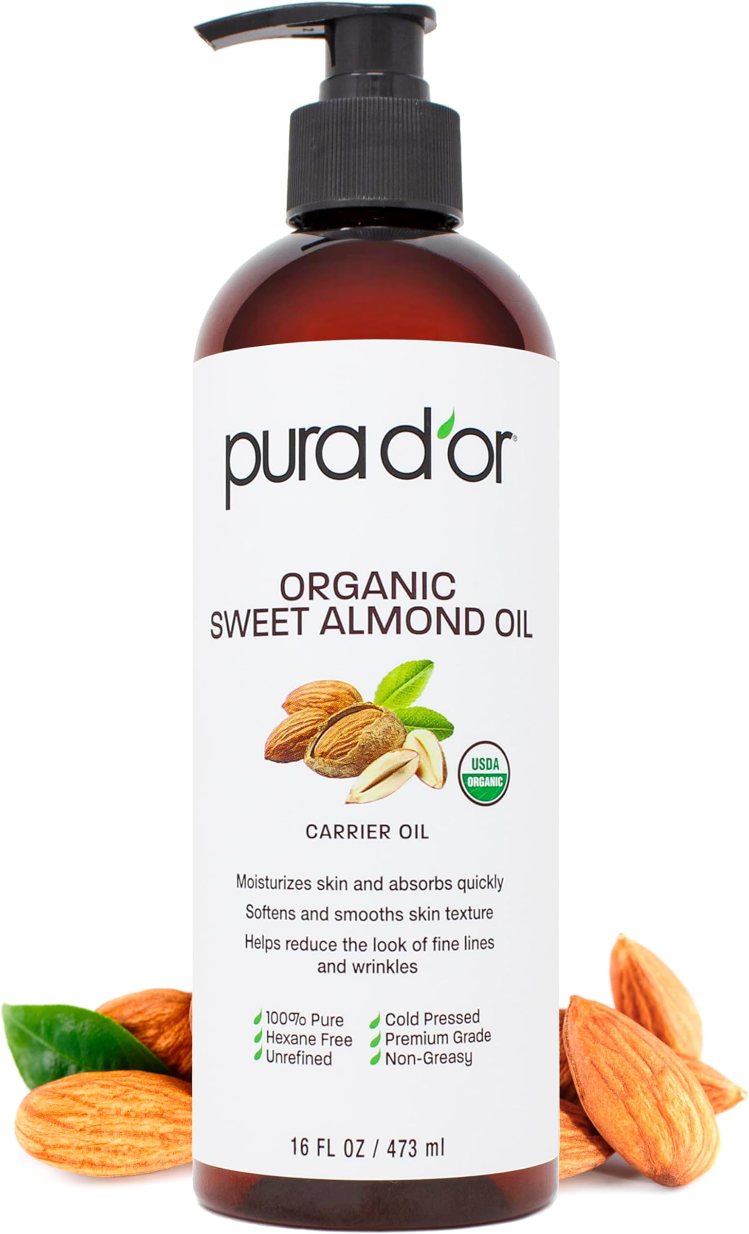 PURA D’OR Carrier Oil: Organic Sweet Almond Oil (473 mL) USDA Certified Organic 100% Pure & Natural Soothing Oil for Skin & Face