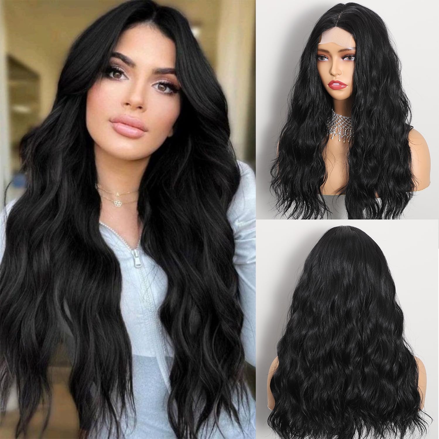 Wigs for Women Wavy Wig with Upgraded Strands Middle Part Shoulder Length Synthetic Wig (Black)