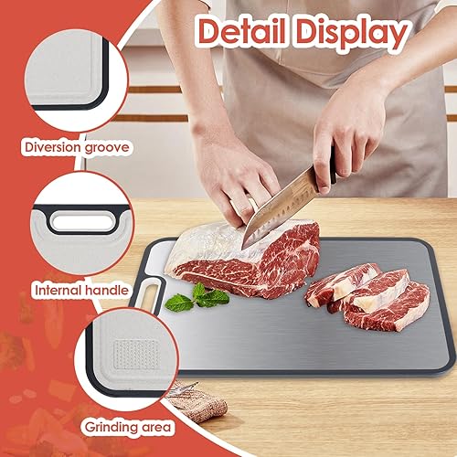 Miniatura 5 de Tabla de cortar de doble cara de acero inoxidable resistente y PP para cocina con área de molienda, tabla de cortar carne, apta para lavavajillas