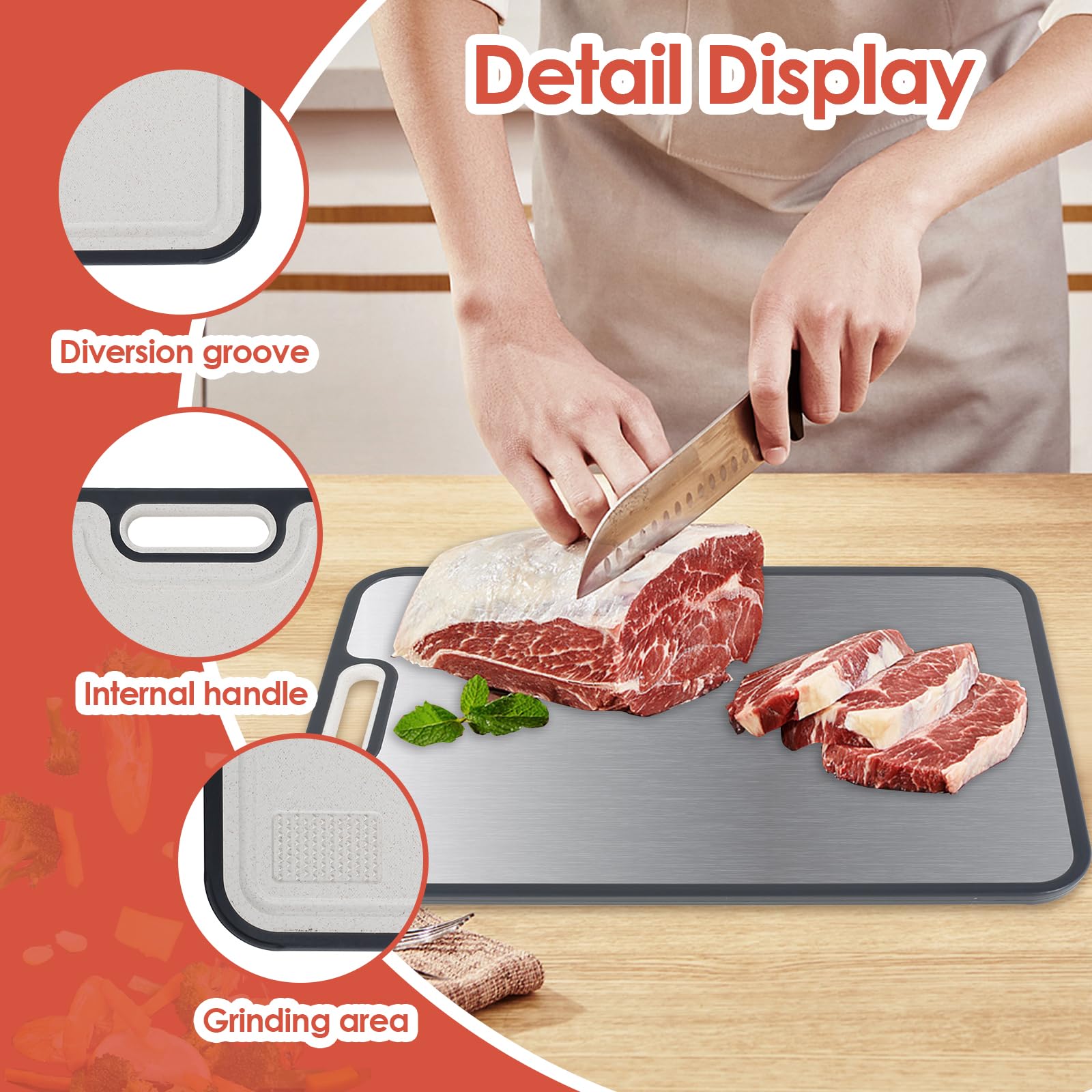 Tabla de cortar de doble cara, resistente de acero inoxidable y polipropileno, tabla de cortar con área de molienda, tabla de cortar carne, apta para lavavajillas para cortar carne cruda y cocida