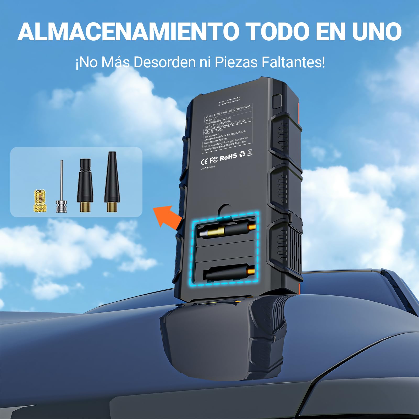 Arrancador de Baterias de Coche con Compresor Aire, 5000A 12V Arrancador de Coches(Toda Gas/10L Diesel), 7en1 Profesional Portatil Jump Starter Cargador Bateria con 150PSI Inflador/18W Carga Rápida