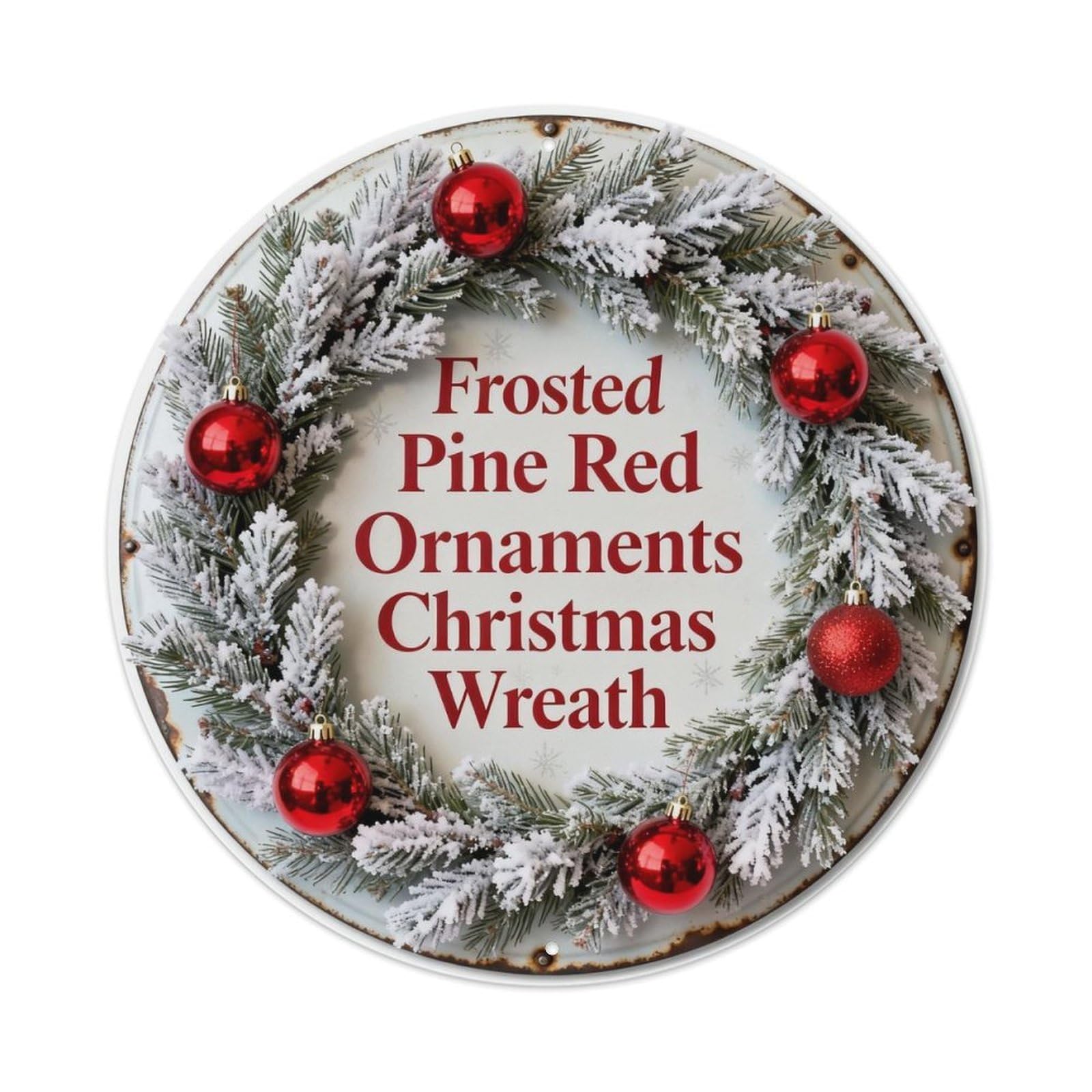 Frosted Pine Red Ornaments Christmas Wreath Metal Tin Sign Plaque