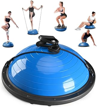 Half Balance Ball Trainer, Half Yoga Exercise Ball with Resistance Bands and Foot Pump, Balance Trainer for Stability Training, Strength Exercise Fitness, Home Gym Workout Equipment