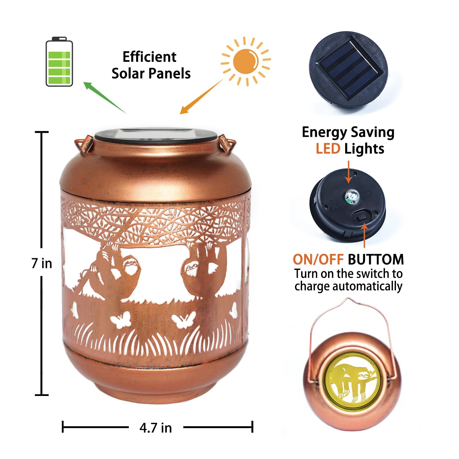 Faultier-Solarlaternen, wasserdicht, hängende Solarleuchten, Faultier-Geschenke für Damen und Herren, Metall, LED, dekoratives Licht für Hof, Terrasse, Rasen, Tisch, Weg, Landschaft, Gartendekoration
