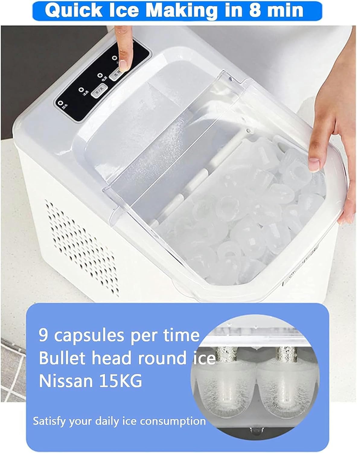 Ice Machine Maker, Portable Bullet Ice Cube Maker Machine Worktop, Ice Cubes Ready in 6 Mins, 2L Water Tank, with Ice Scoop and Basket for Home Bar Kitchen Office (Black)