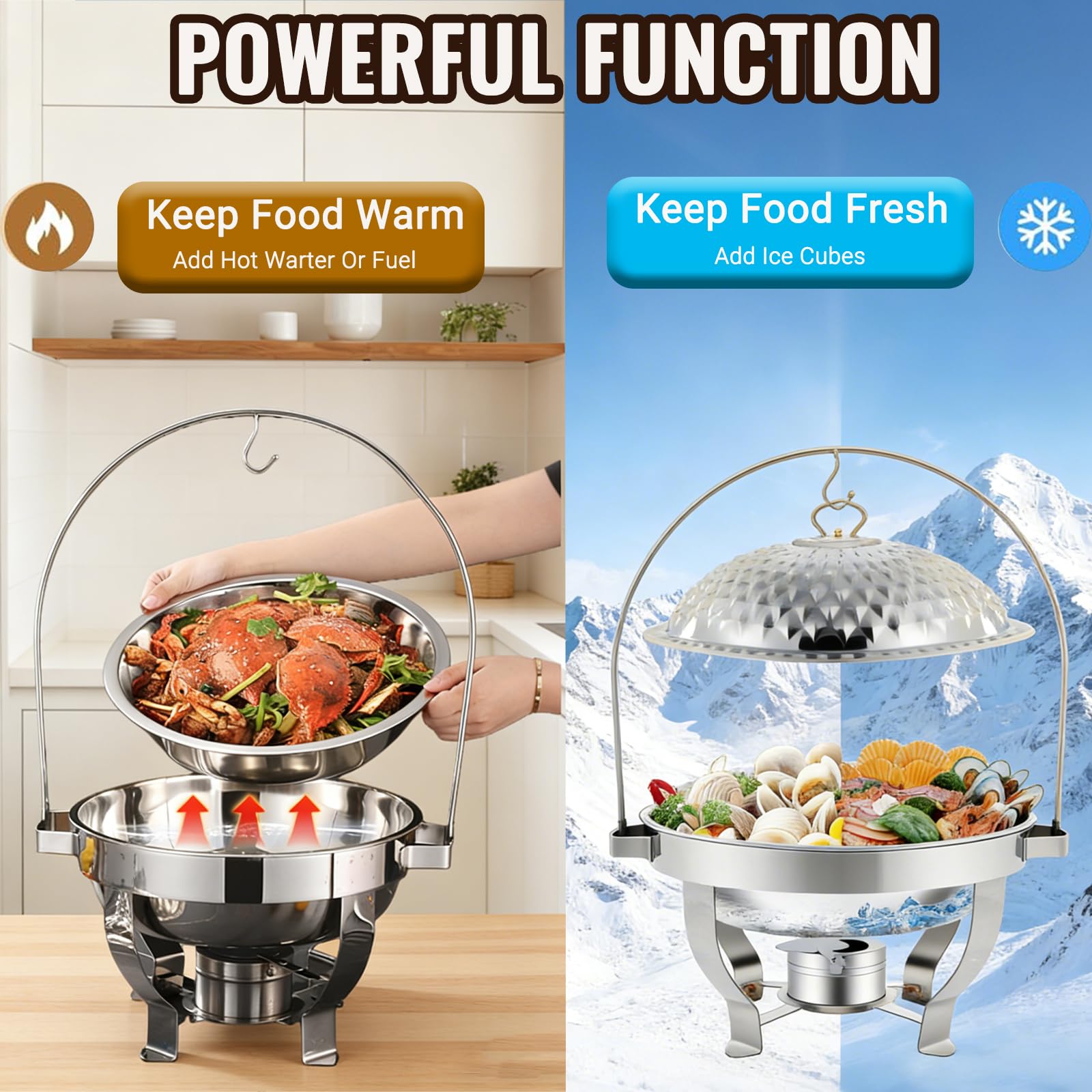 Set di scaldavivande da buffet, con coperchio sospeso, piano cottura da pranzo, scaldavivande rotondo in acciaio inox, scaldavivande da buffet, vassoio riscaldante da bancone, lavabile in