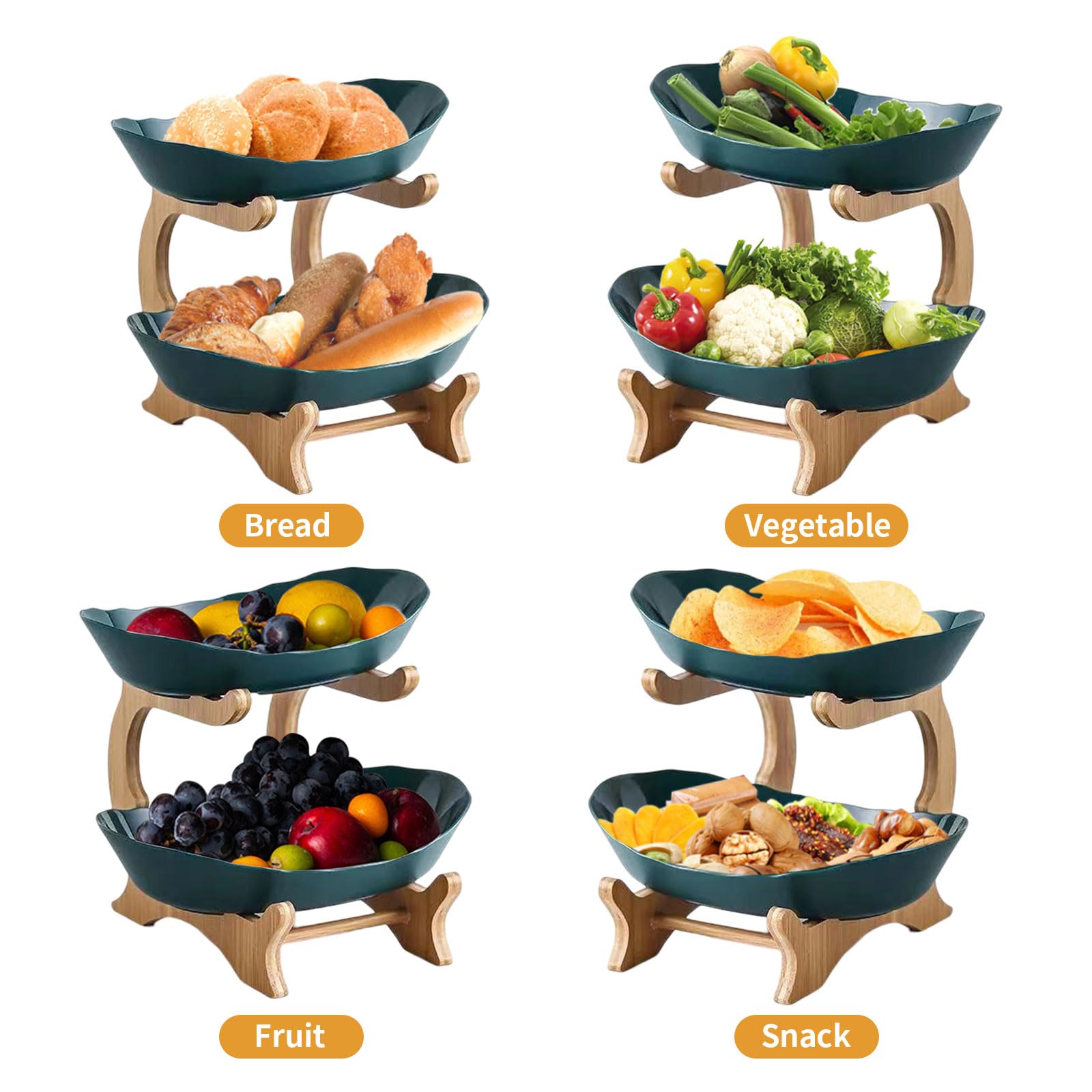 Cesto di frutta in bambù per la famiglia, stabile e salvaspazio, in plastica, per verdure, snack, dolci, verde