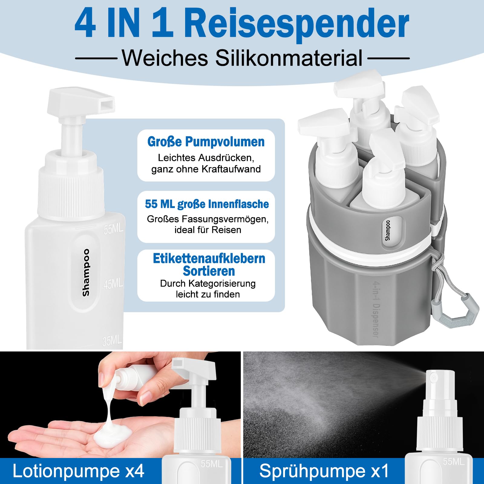 SelfTek Flacon Distributeur de Voyage 4 en 1 - Kit Voyage Produit Toilette Rechargeables, Conteneurs de Voyage Portables pour Articles de Toilette, Portable pour Les Vols (Gris)
