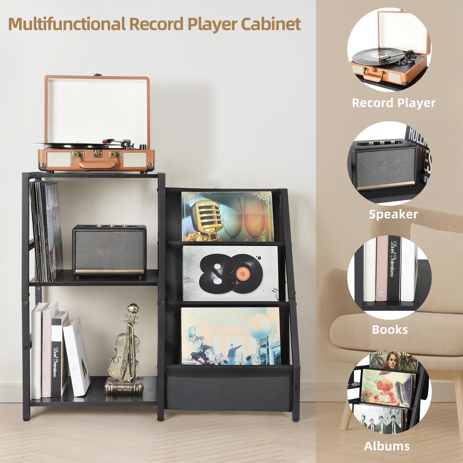 Bikoney Beistelltisch Plattenspieler Schallplattenständer mit 3-stufiger Vinyl Schallplatten Lagerung Schallplatten Aufbewahrung bis zu 200 Alben,Vinyl Beistelltisch Holz für Wohnzimmer(Schwarz)