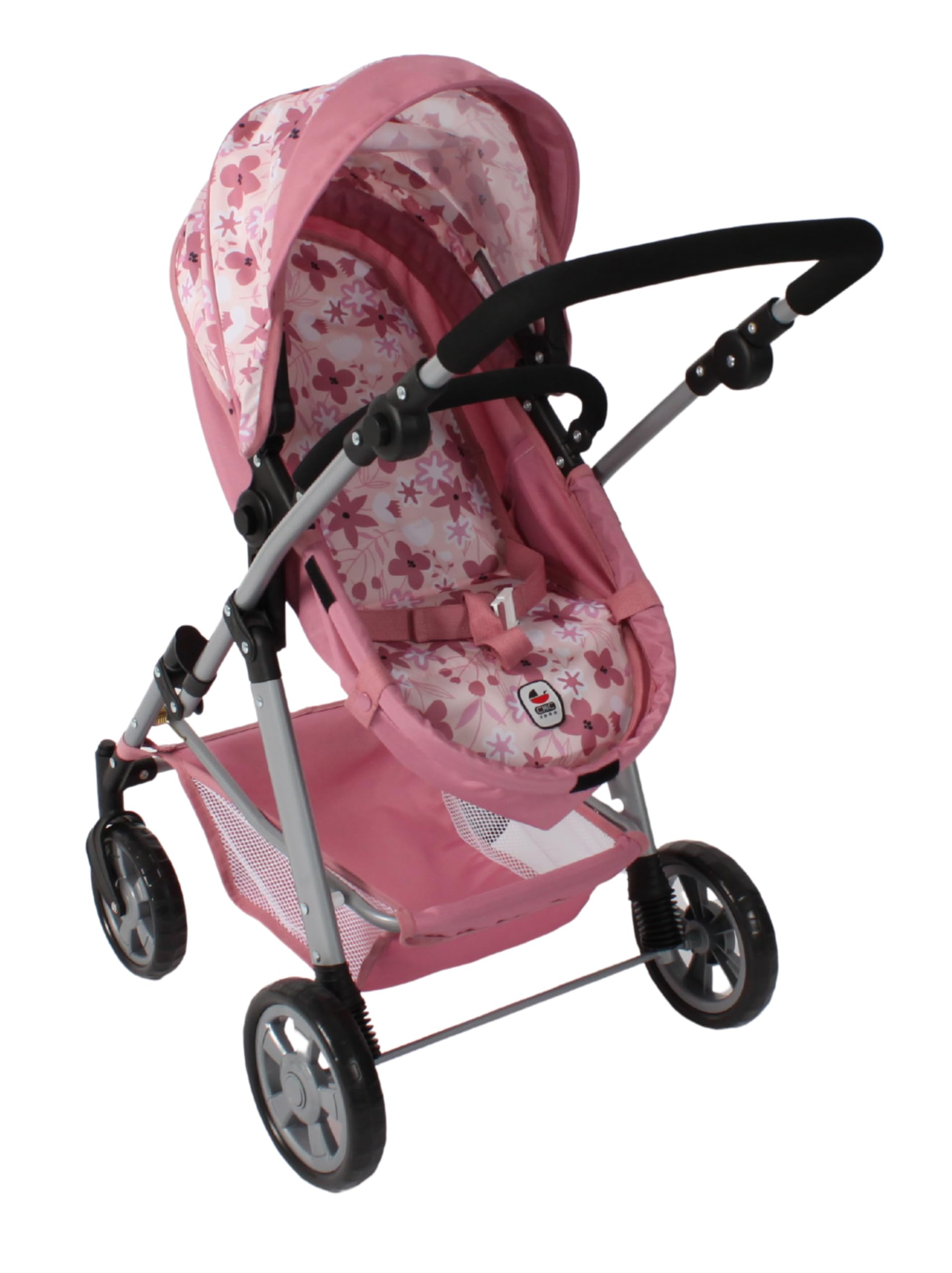 Bayer Chic 2000 Puppenwagen Nele | 2in1 Kombi-Buggy Flowers Rosa | Großer 2in1 Kombi-Puppenwagen mit umwandelbarer Wanne für Puppen bis 50 cm. Flowers Rosa, extra hoher Griff 45-84 cm.