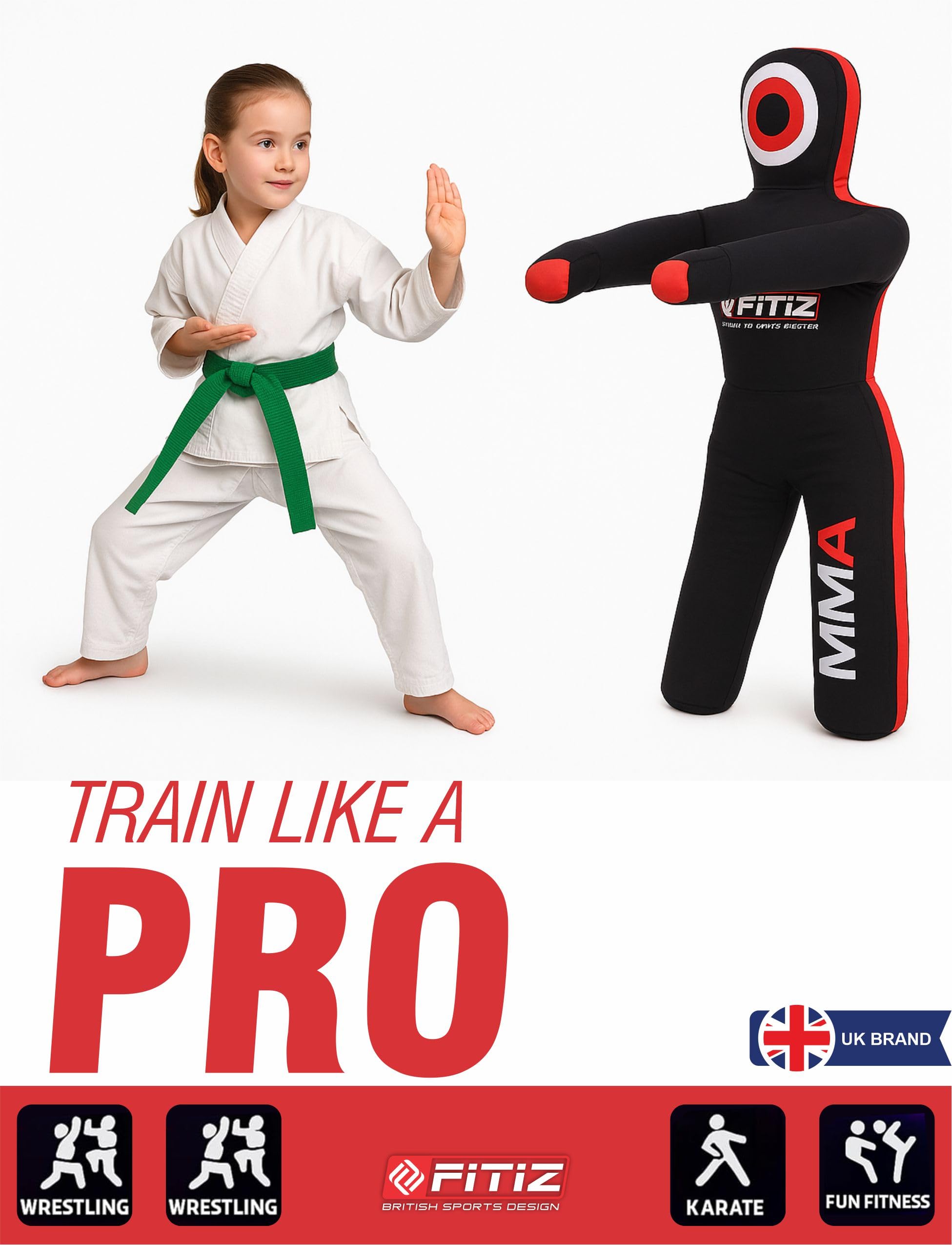 Mannequin MMA Judo Grappling Sac de frappe (vide) Brésilien BJJ, JIU Jitsu Position debout, lutte, arts martiaux, boxe, karaté (noir/rouge, 119,4 cm)