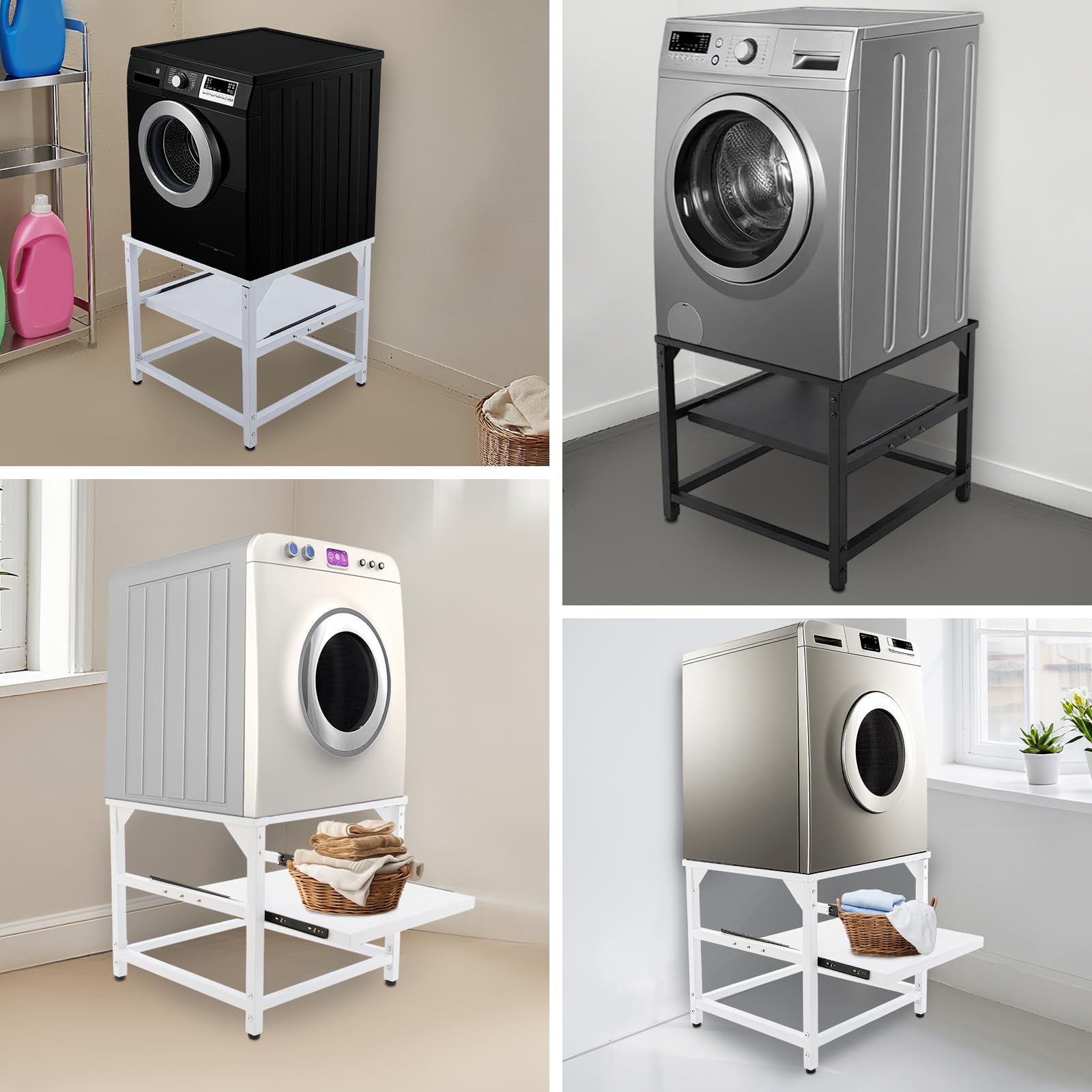 Soporte para lavadora, pedestal de metal con gran capacidad de carga de hasta 150 kg, práctica bandeja para accesorios para lavadora, secadora y nevera