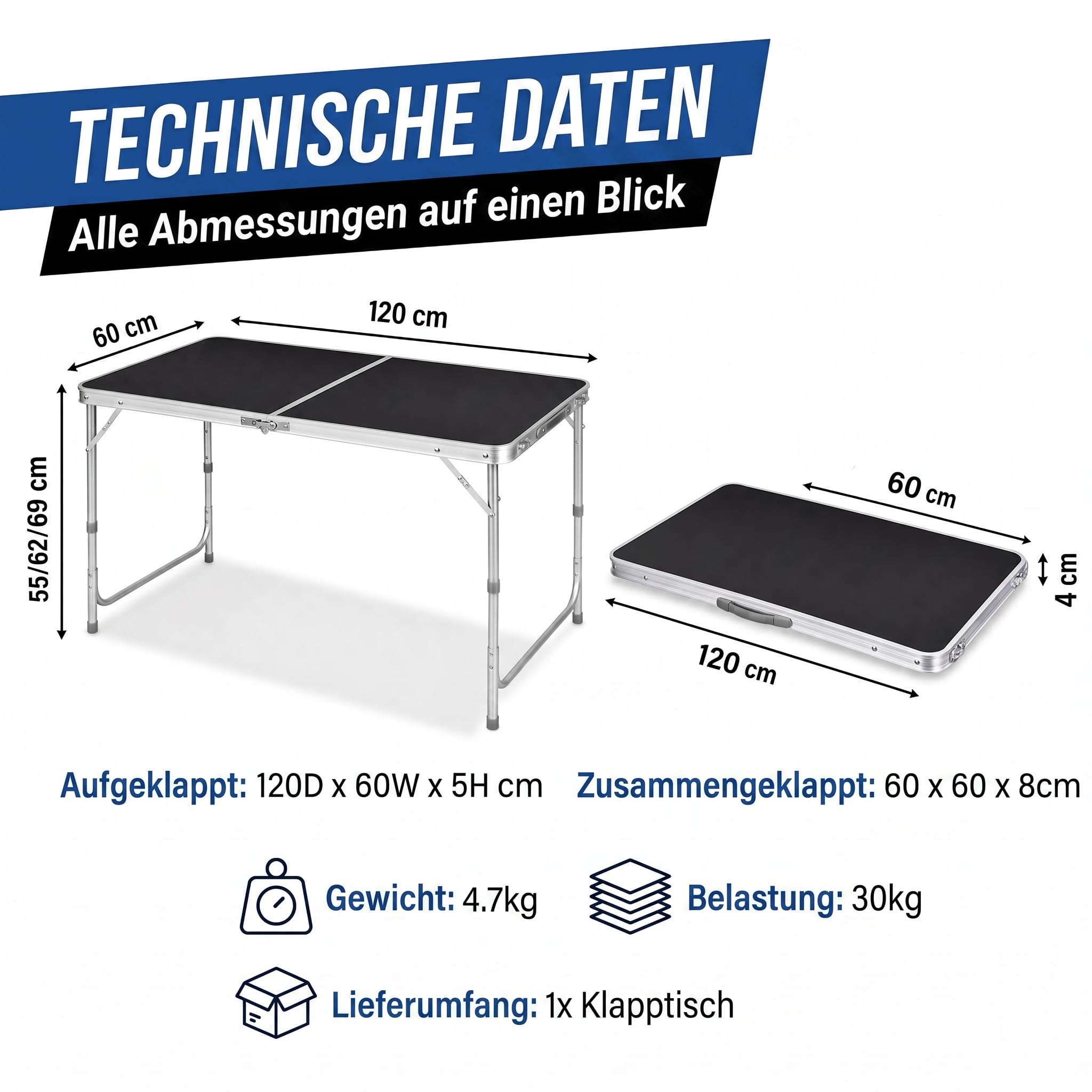 Klappbarer Multifunktionstisch Mehrzwecktisch Campingtisch Klapptisch Markttisch höhenverstellbarer Tapeziertisch Beistelltisch zum Campen im Garten für Festivalls Märkte (Schwarz: 120 x 60 cm)