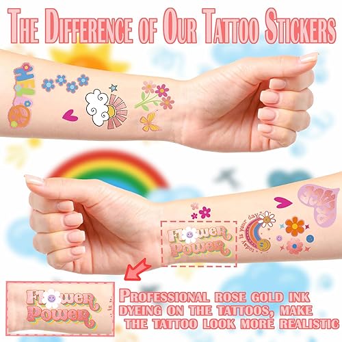 Miniatura 3 de Tatuajes temporales Groovy, 177 tatuajes falsos con purpurina para niños, calcomanías de tatuajes para niños y niñas, diseño de margaritas hippie,